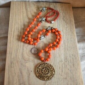 Knotted Mala Necklace with Vintage Glass Bead Brasstone Focal 38"